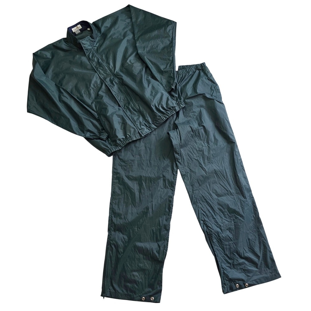 Duckster Mens Size L Golf Rain Suit Dark Green Nylon Jacket Pants Set